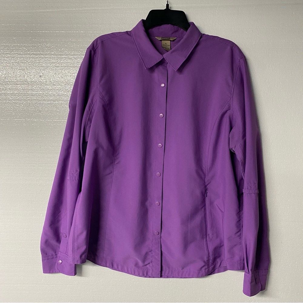 DULUTH TRADING CO SHIRT XL WOMENS PURPLE HIKING RIP STOP COOL PLUS SNAP FRONT